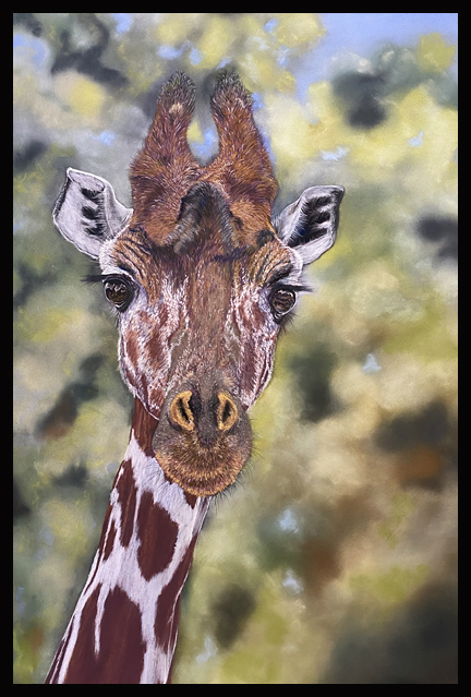 "In the Trees" painting of giraffe in pastels